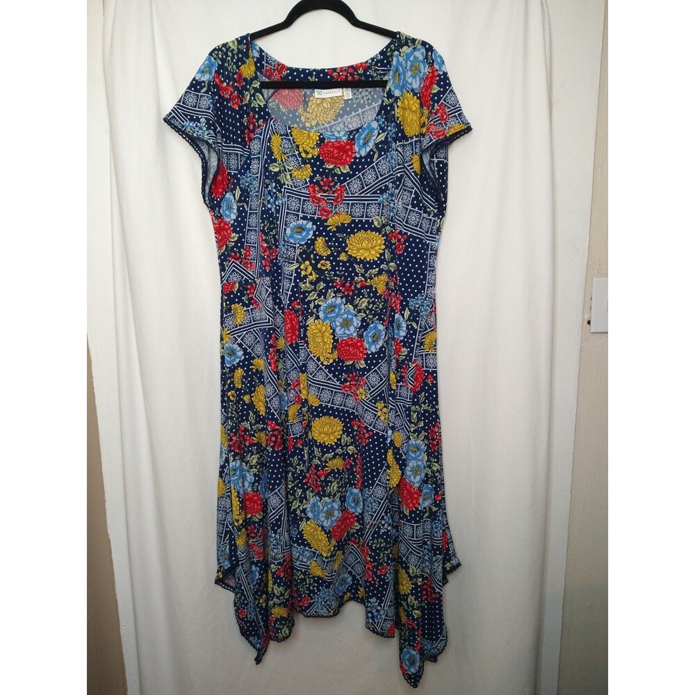 Rafaella Dress Sze XL Colorful Blue Floral Short Sleeve Handkerchief Eyelet Hem